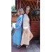 Boho Style Ukrainian Embroidered Maxi Narrow Dress Light Blue with White/Brown Embroidery